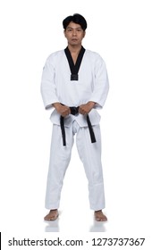 Master Black Belt TaeKwonDo Handsome Man Instructor Teacher Fighter Show Hit Pose, Studio White Background Isolated.  White Formal Fighting Suit, Motion Blur Hand Foots On Taekwondo Pose Karate