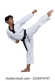 Master Black Belt TaeKwonDo Handsome Man Instructor Teacher Fighter Show Hit Pose, Studio Lighting White Background Isolated.  White Formal Fighting Suit, Motion Blur Hand Foots On Taekwondo Post.