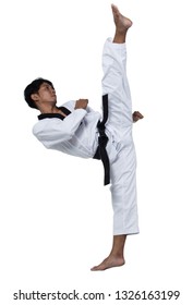 Master Black Belt TaeKwonDo Handsome Man Instructor Teacher Fighter Show Hit Pose, Studio Lighting White Background Isolated.  White Formal Fighting Suit, Motion Blur Hand Foots On Taekwondo Post.