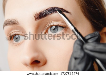 Master brush dye henna eyebrows woman in beauty salon. Correction of brow hair.