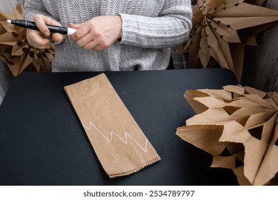 Master class of making craft paper snowflakes for conscientious Christmas decor. Sustainable celebration minimal responsible DIY holiday project. Step by step - Powered by Shutterstock