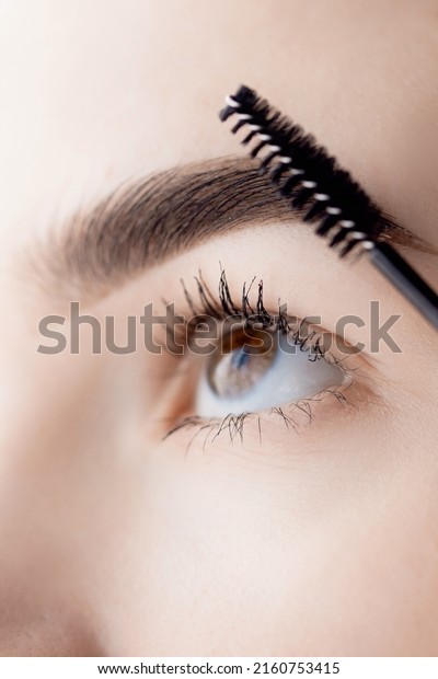 Master with comb of eyebrow hair in women, brow\
correction in beauty\
salon.