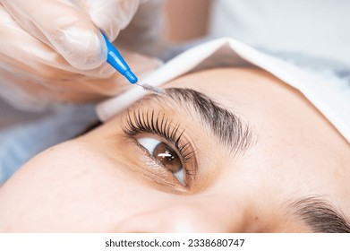 The master combs the eyelashes of the client after the lamination procedure. 