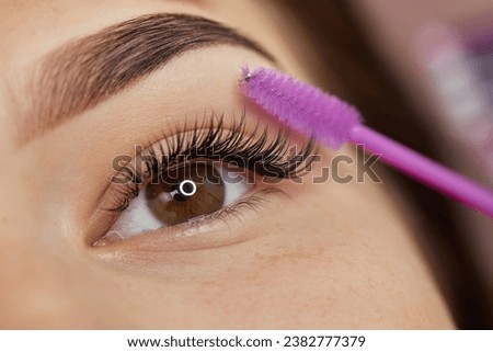 master combs the eyelashes of the client after the eyelash extension procedure. close-up. Cosmetology and skin care