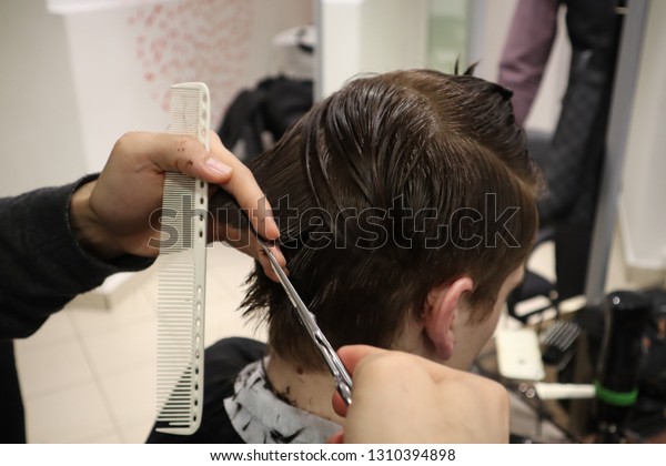 Master Hairdresser Does Hairstyle Style Scissors Stock Photo Edit