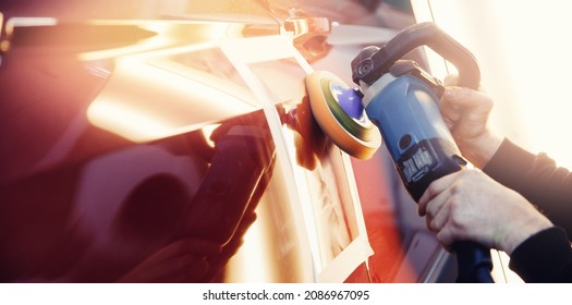 Master mechanic removal of dents defects auto repairman grinding automobile car body banner. - Shutterstock ID 2086967095