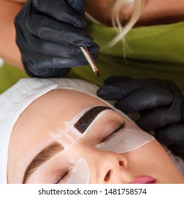 The Master Paints Eyebrows With Henna, Paints With A Brush In The Salon. Brow Architecture Concept.