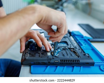 Master Repairs Laptop, Hands In Glove, Top View, First Person View