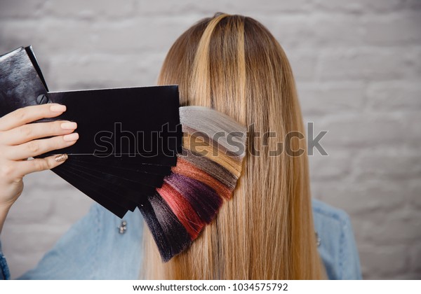 Master shows palette of hair colors on background\
of client.