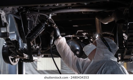 The master sprays an anti-corrosion compound on the bottom of the car.  - Powered by Shutterstock