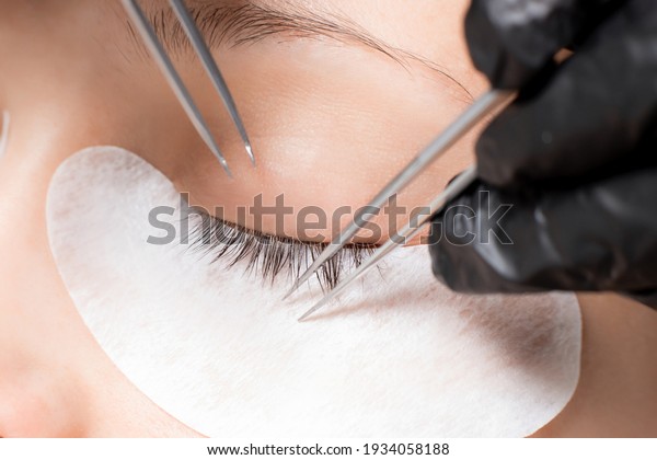 Master tweezers fake long lashes beautiful\
female eyes. Eyelash extension\
procedure.