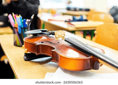 master violin with bridge close-up on table in music class