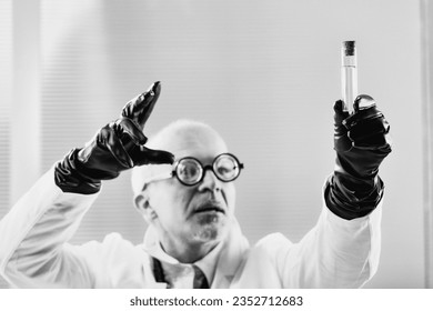 Mastermind in a lab coat devises forbidden substances in a black and white early 20th-century setting, hinting at concealed alliances with or deception of governments