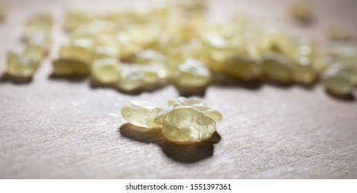 Mastic Resin Tears. Chios Mastic On Wood Background, Closeup View