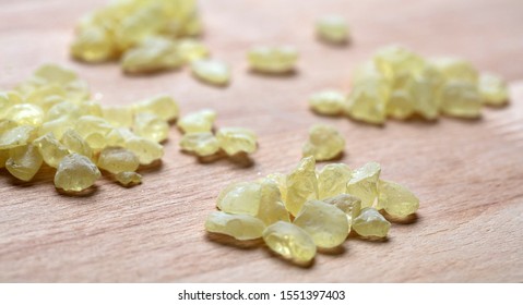 Mastic Resin Tears. Chios Mastic On Wood Background, Closeup View