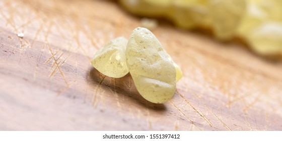 Mastic Resin Tears. Chios Mastic On Wood Background, Macro