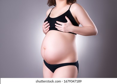 Mastitis During Pregnancy, Breast Pain, Swelling Of Mammary Glands, Studio Shot On Gray Background