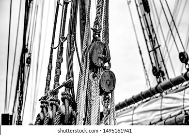 Masts And Nautical Gear In Black And White Of A Tall Ship In British Columbia