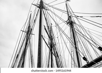 Masts And Nautical Gear In Black And White Of A Tall Ship In British Columbia