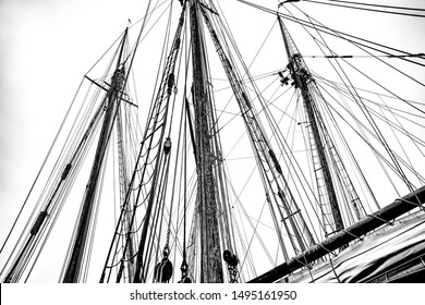 Masts And Nautical Gear In Black And White Of A Tall Ship In British Columbia