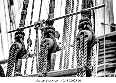 Masts And Nautical Gear In Black And White Of A Tall Ship In British Columbia