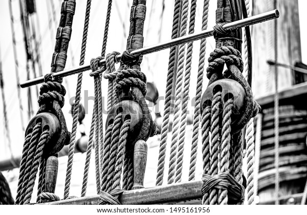 Masts and nautical gear in black and white of a\
tall ship in British\
Columbia