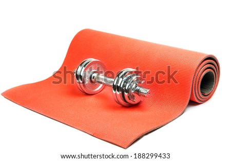 mat for fitness with dumbbells isolated on white background