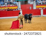 A matador, dressed in a vibrant pink and yellow outfit, is performing a maneuver with a black bull. The matador holds a large, flowing cape, which the bull is charging at, creating 