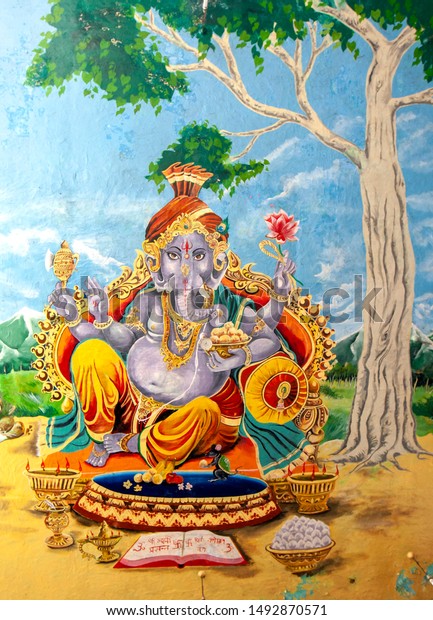 MATALE, SRI LANKA - AUGUST 16, 2019 : A mural of elephant god Ganesha on the ceiling of the interior of Arulmihu Sri Muthumariamman Thevasthanam (Hindu Temple).