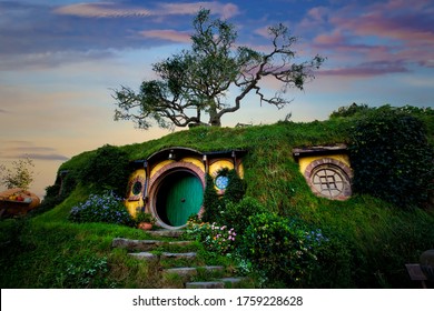 MATAMATA- NEW ZEALAND -APRIL -19- 2019 :Hobbiton in a  little Hobbit town, Matamata New Zealand and movie set created for filming the Lord of the Rings and "Hobbit" movies - Matamata, New Zealand
