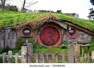 MATAMATA, NEW ZEALAND - AUGUST 2017: A house in Hobbiton movie set featured in Lord of the Rings and Hobbit movies on August 27, 2017 in Matamata