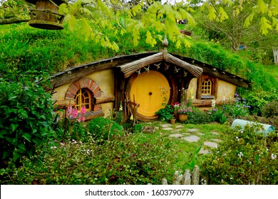 MATAMATA, NEW ZEALAND, OCT-21- 2017 : Hobbiton - movie set created for filming the Lord of the Rings and "Hobbit" movies - Hobbit's home (holes) that cozy looking.