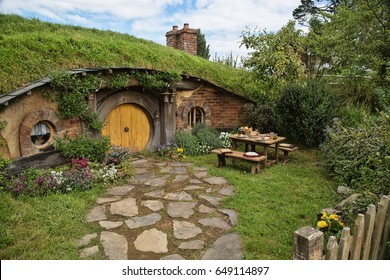MATAMATA - New Zealand  OCTOBER 31, 2015; Hobbit door in Hobbiton Movie set. Trademarks of Saul Zaentz Comp. and license by Ring Scenic Tours Ltd and Wingnut Films Productions Limited. Editorial use