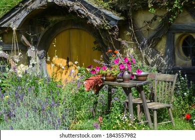 Matamata, New Zealand-January 2020; Close up view of the door of a hobbit house on the original Hobbiton movie set from The Lord of the Rings movie trilogy and The Hobbit films
