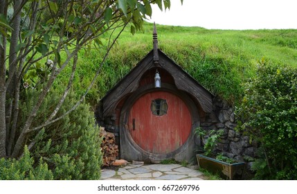 Matamata, New Zeland - October 24, 2016: Hobbit house in Hobbition Movie set of Hollywood film in Matamata, New Zeland.