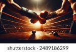 a match between two boxers in the ring with spotlights on, and is a spectacular boxing match