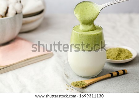 match / green tea dalgona, whipped grean tea with milk