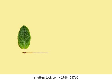 Match With A Leaf Instead Of A Flame On A Yellow Background With Copy Space. Wildfire Community Preparedness Day. Firefighter And Prevention Concept