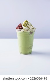 Matcha Frappe With Whipped Cream And Sweet Red Beans, Green Tea Milkshake