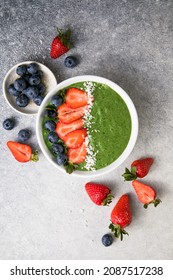 Matcha Green, Healthy Food. Acai Smoothie Bowl. Keto Breakfast Idea. 