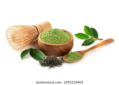 Matcha green powder in wooden bowl with spoon and green leaves isolated on white background. - Powered by Shutterstock