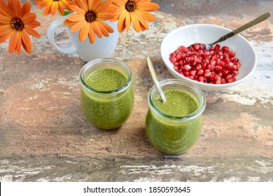 Matcha Green Tea Chia Seed Pudding With Pomegranate Seeds