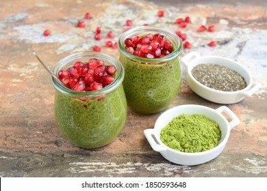 Matcha Green Tea Chia Seed Pudding With Pomegranate Seeds