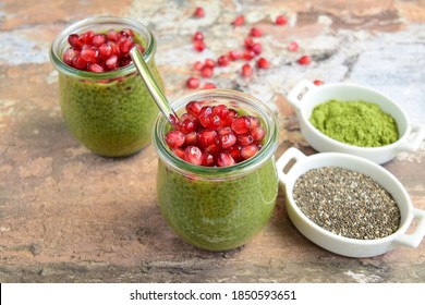 Matcha Green Tea Chia Seed Pudding With Pomegranate Seeds