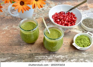 Matcha Green Tea Chia Seed Pudding With Pomegranate Seeds