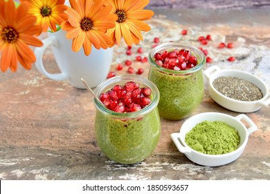 Matcha Green Tea Chia Seed Pudding With Pomegranate Seeds