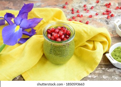 Matcha Green Tea Chia Seed Pudding With Pomegranate Seeds