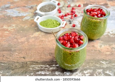 Matcha Green Tea Chia Seed Pudding With Pomegranate Seeds