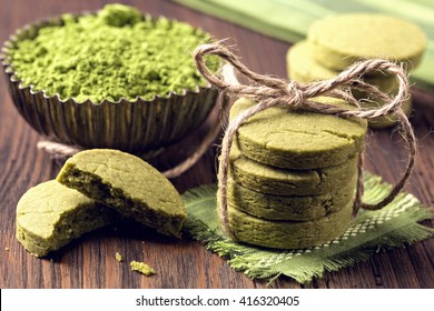 Matcha Green Tea Cookies On A Wooden Table