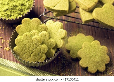 Matcha Green Tea Cookies On A Wooden Table